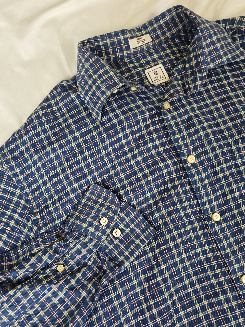Peter Millar Men's Medium 100% Cotton Plaid Button-Down Shirt Navy Blue - Picture 1 of 9